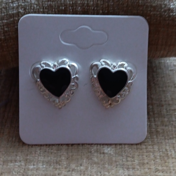 Silver Tone Black Heart Post Earrings - Picture 3 of 4